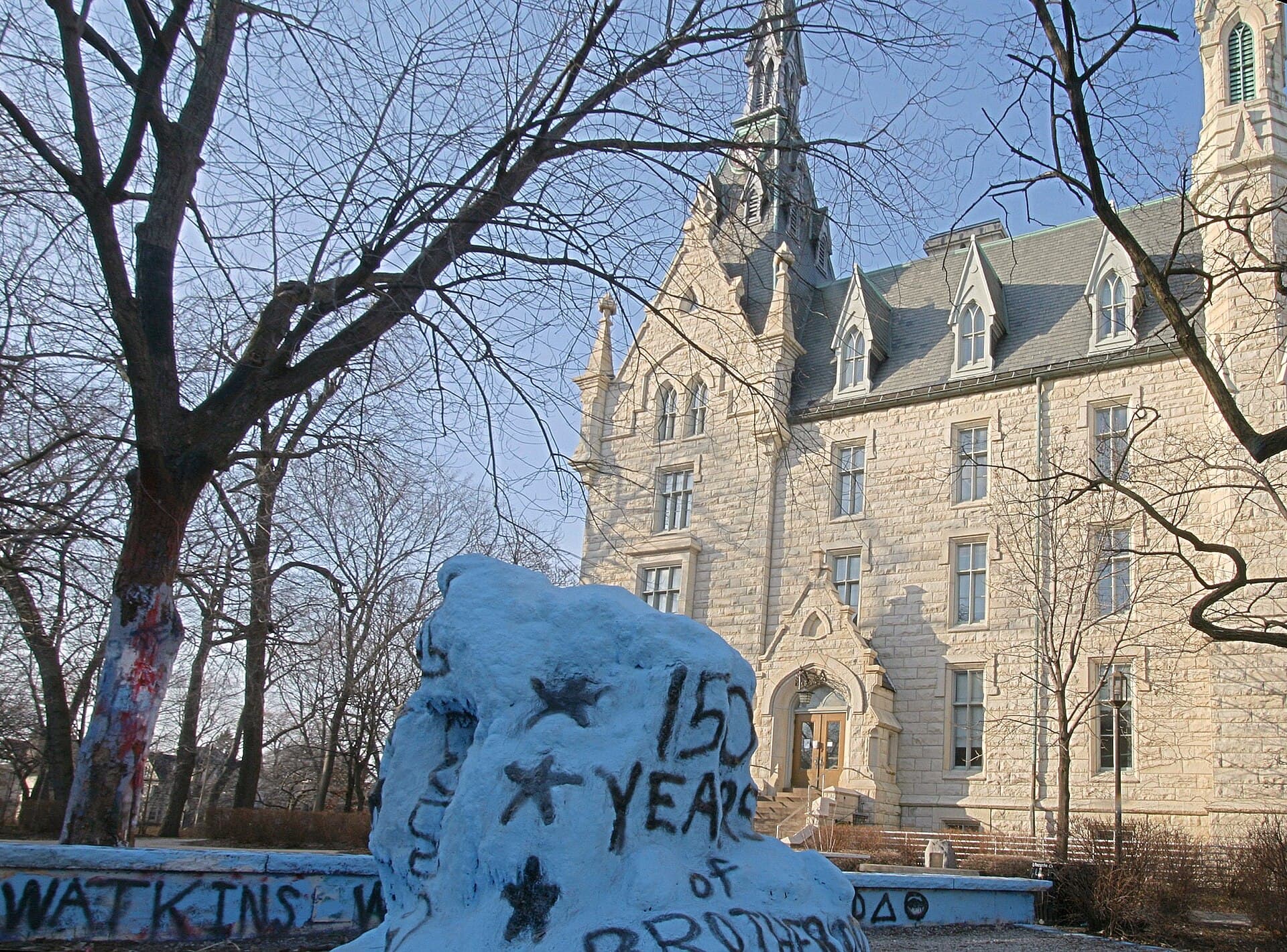 The painted Rock and University Hall at Northwestern University