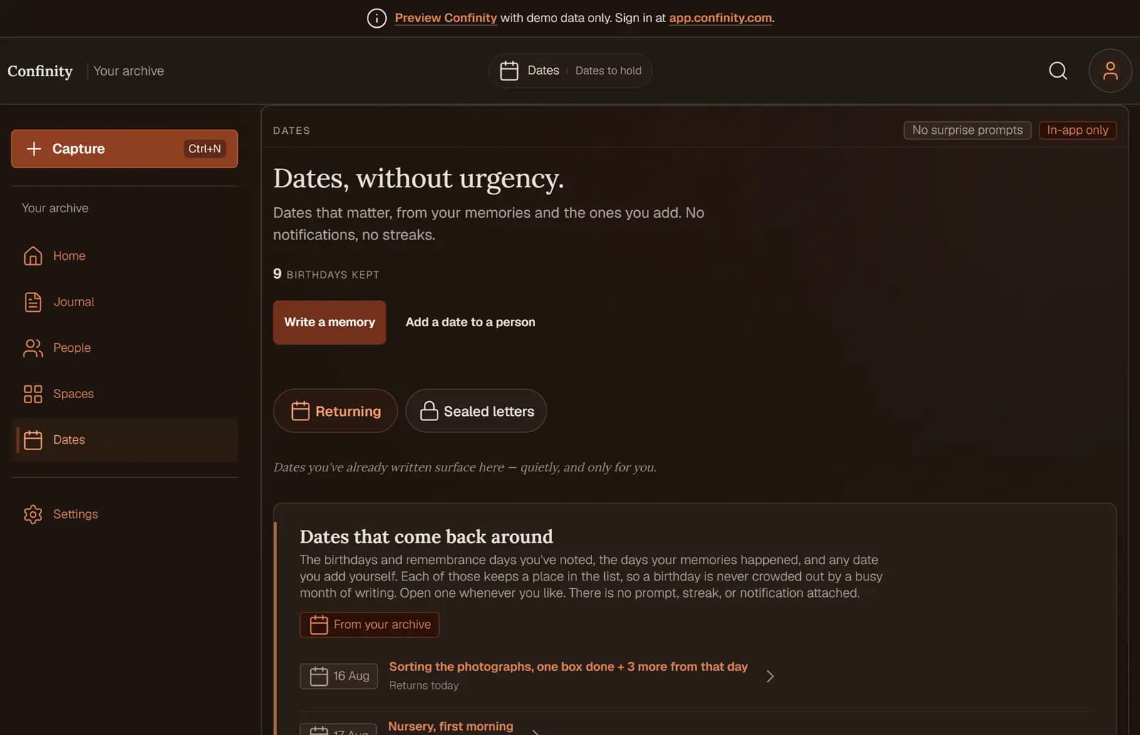 The Dates screen in Confinity, headed 'Dates, without urgency', listing birthdays and remembrance days that come back around, with a note that there is no prompt, streak or notification attached.