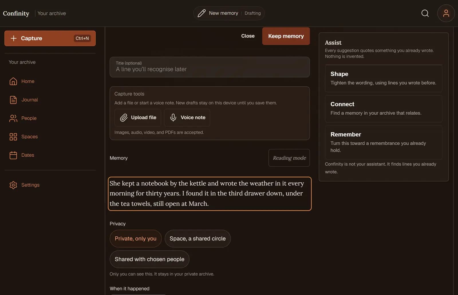 The Confinity writing canvas with a paragraph part-written in it, set in a serif face on a wide, plain page.