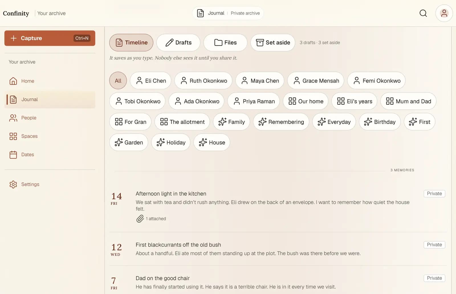 The journal in Confinity, scrolled to the timeline: tabs for Timeline, Drafts, Files and Set aside with a note of 3 drafts and 3 set aside, a line reading 'It saves as you type. Nobody else sees it until you share it.', filter chips for each person, space and tag, and three dated entries below, each marked Private.