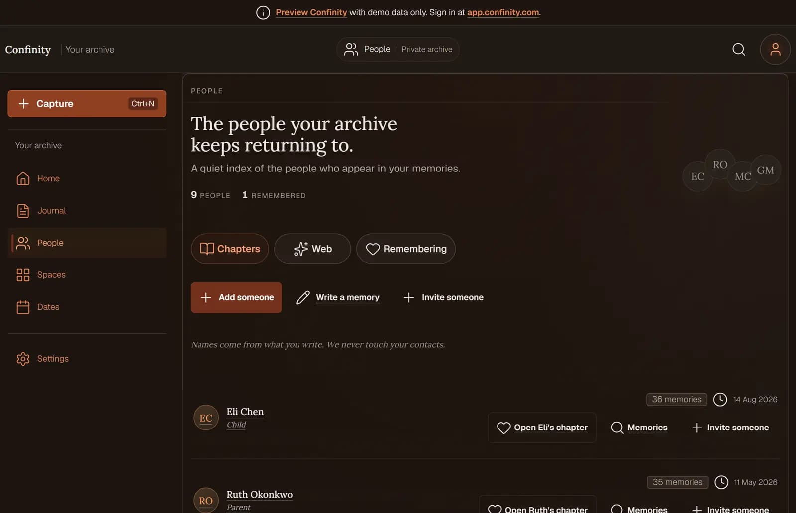 The People screen in Confinity, listing the members of a household with the number of memories held for each.