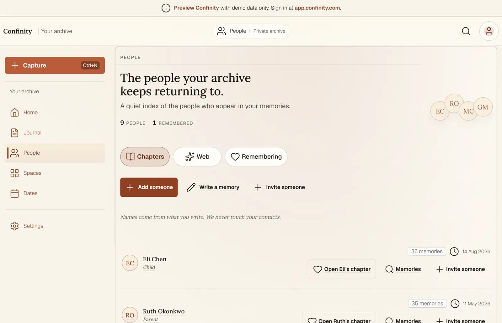 The People screen in Confinity, listing the members of a household with the number of memories held for each.