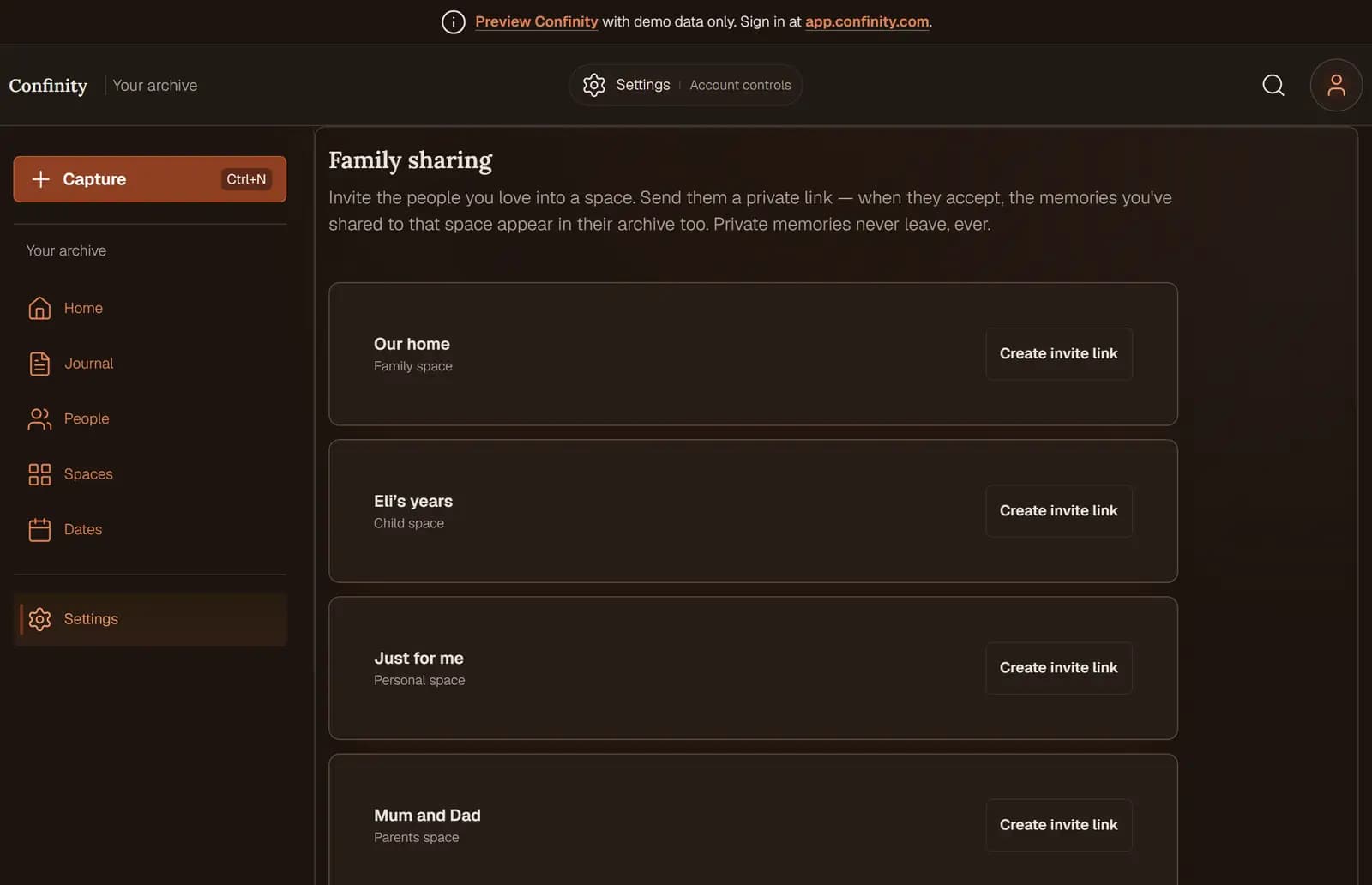 The Family sharing screen in Confinity: each space listed in turn, each with its own Create invite link button, above a line explaining that shared memories appear in an invited person's archive and private memories never leave.