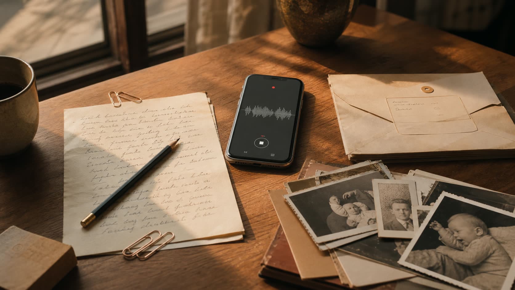 A phone recording a voice note beside a handwritten letter and a stack of old family photographs on a sunlit wooden table.