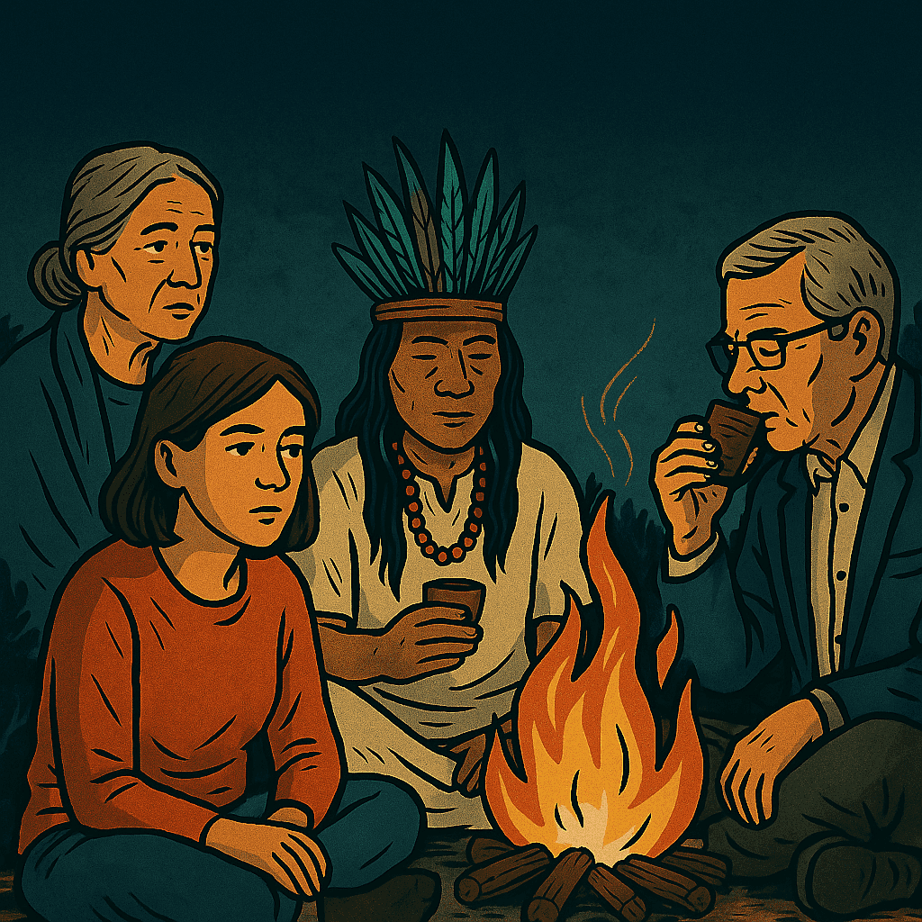 : Illustration of four people gathered around a ceremonial fire at night, including a shaman with a feathered headdress, a woman in red, and two elders, symbolizing spiritual healing and liberation through sacred medicine.