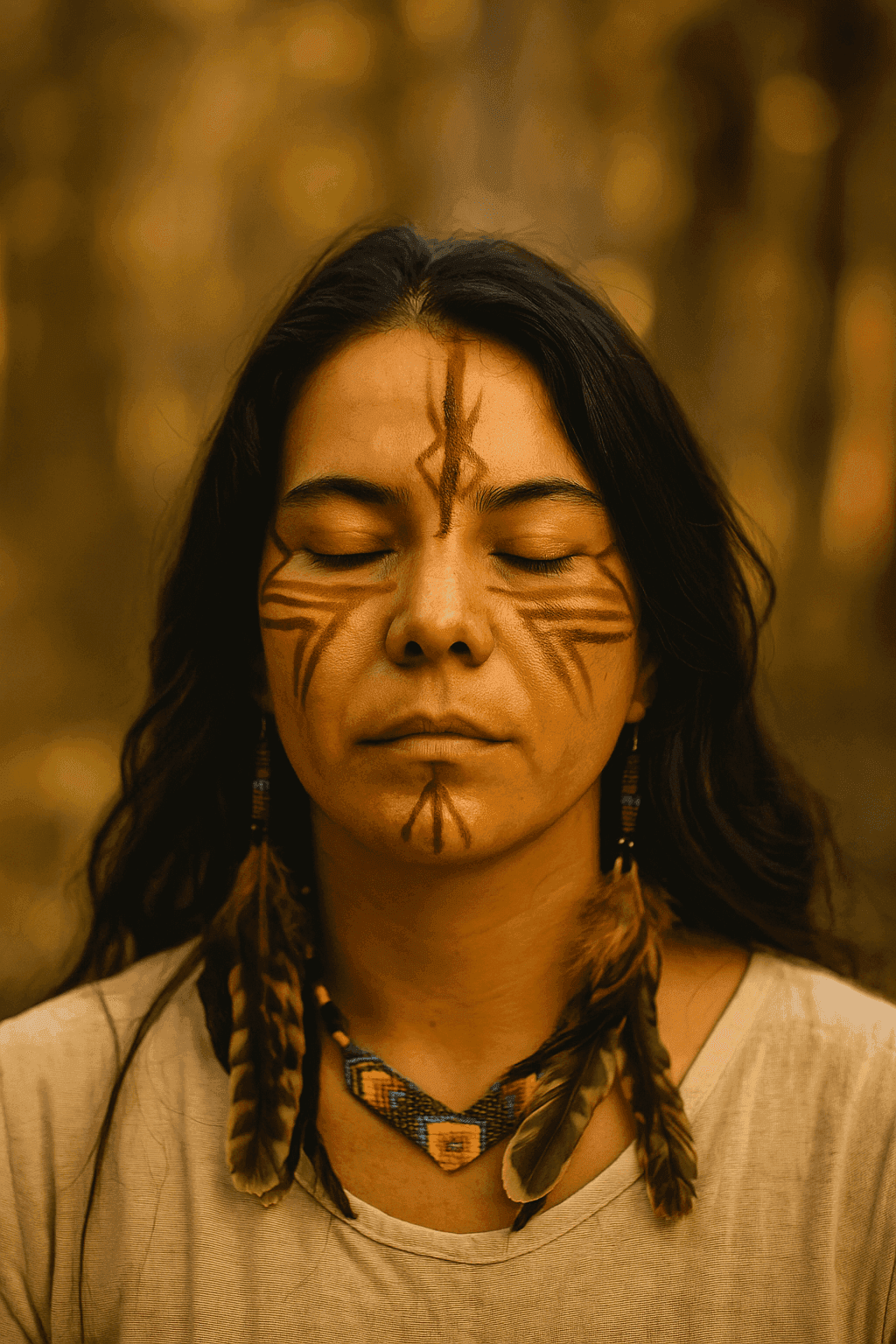 A woman with traditional tribal face paint and feather earrings meditates peacefully in golden forest light, symbolizing healing and connection to ancestral medicine.