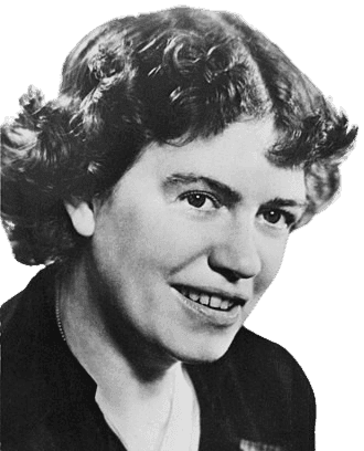 A black-and-white portrait of a woman with short, curly hair, smiling softly. Dressed in a simple blouse, she exudes a warm, approachable demeanor. Her expression and style suggest an intellectual or creative figure from the mid-20th century.