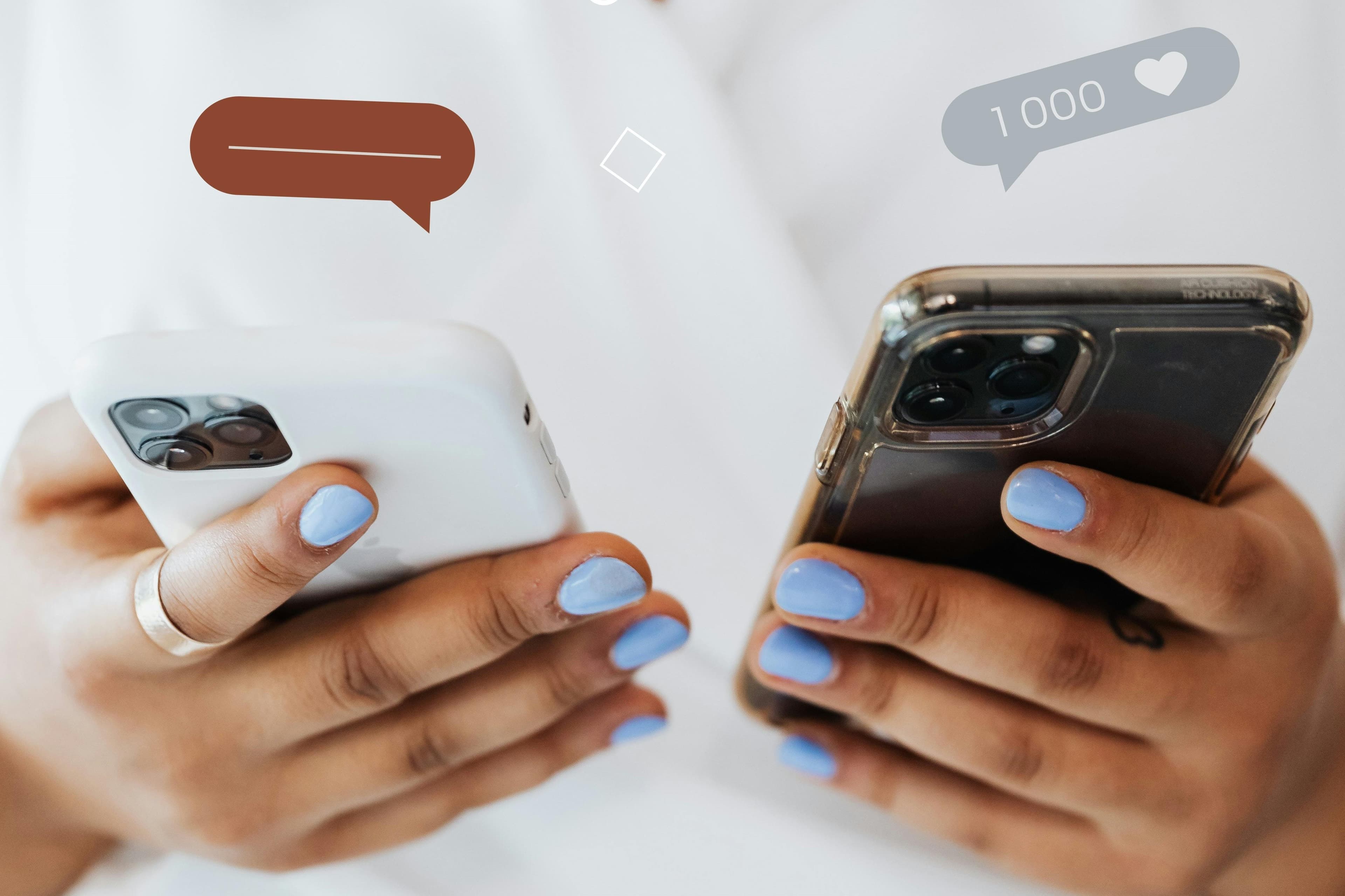 A close-up of a person's hands holding two smartphones, with light blue nail polish and digital icons for likes and messages floating above. This image highlights multitasking, social media engagement, and modern communication trends.