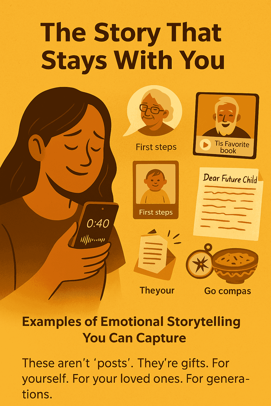 A warm digital illustration showing a woman listening to a voice note from a loved one, surrounded by soft glowing memory icons, symbolizing the emotional power of digital storytelling.