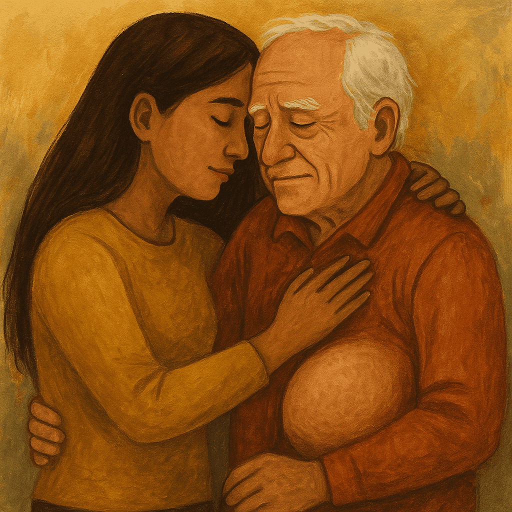 Emotional painting of a young woman embracing her elderly father with love, symbolizing reunion, healing, and the beginning of a sacred medicine journey together.