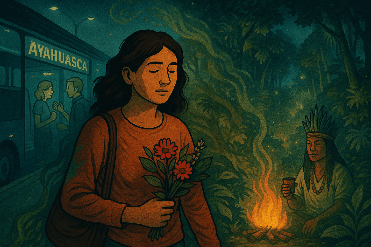 A woman holding red flowers walks through a dimly lit bus station, her eyes closed in contemplation. Behind her, the scene transitions into a lush jungle where an indigenous shaman sits beside a glowing fire, holding a ceremonial cup, symbolizing a spiritual journey.