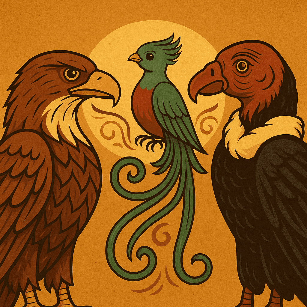 Stylized illustration of an eagle and condor facing each other with a quetzal bird flying between them, symbolizing unity of heart and mind in indigenous prophecy.