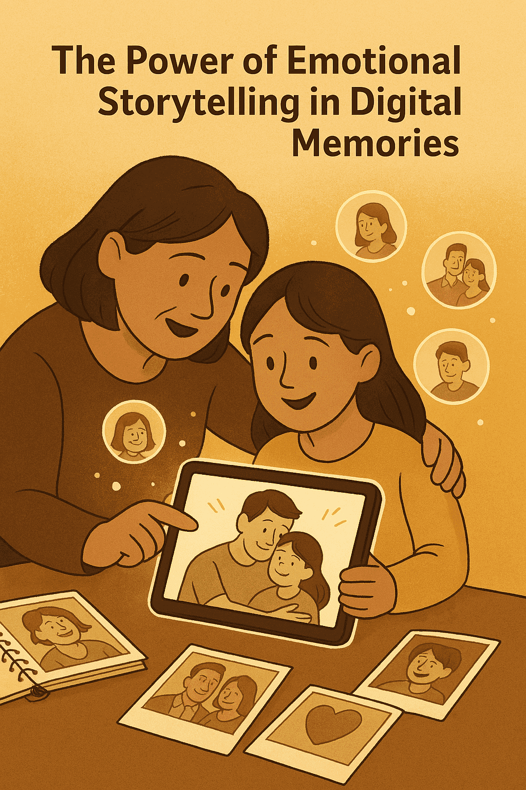 A parent and child smile as they explore digital memories together on a tablet, surrounded by warm-toned photos and glowing memory icons, representing emotional storytelling and family connection.