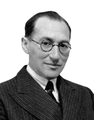 A black-and-white portrait of a man with round glasses, a slight smile, and neatly combed hair, dressed in a pinstripe suit, white shirt, and tie. His formal attire and composed expression suggest a professional or intellectual figure from the mid-20th century, exuding an air of quiet confidence and intellect.