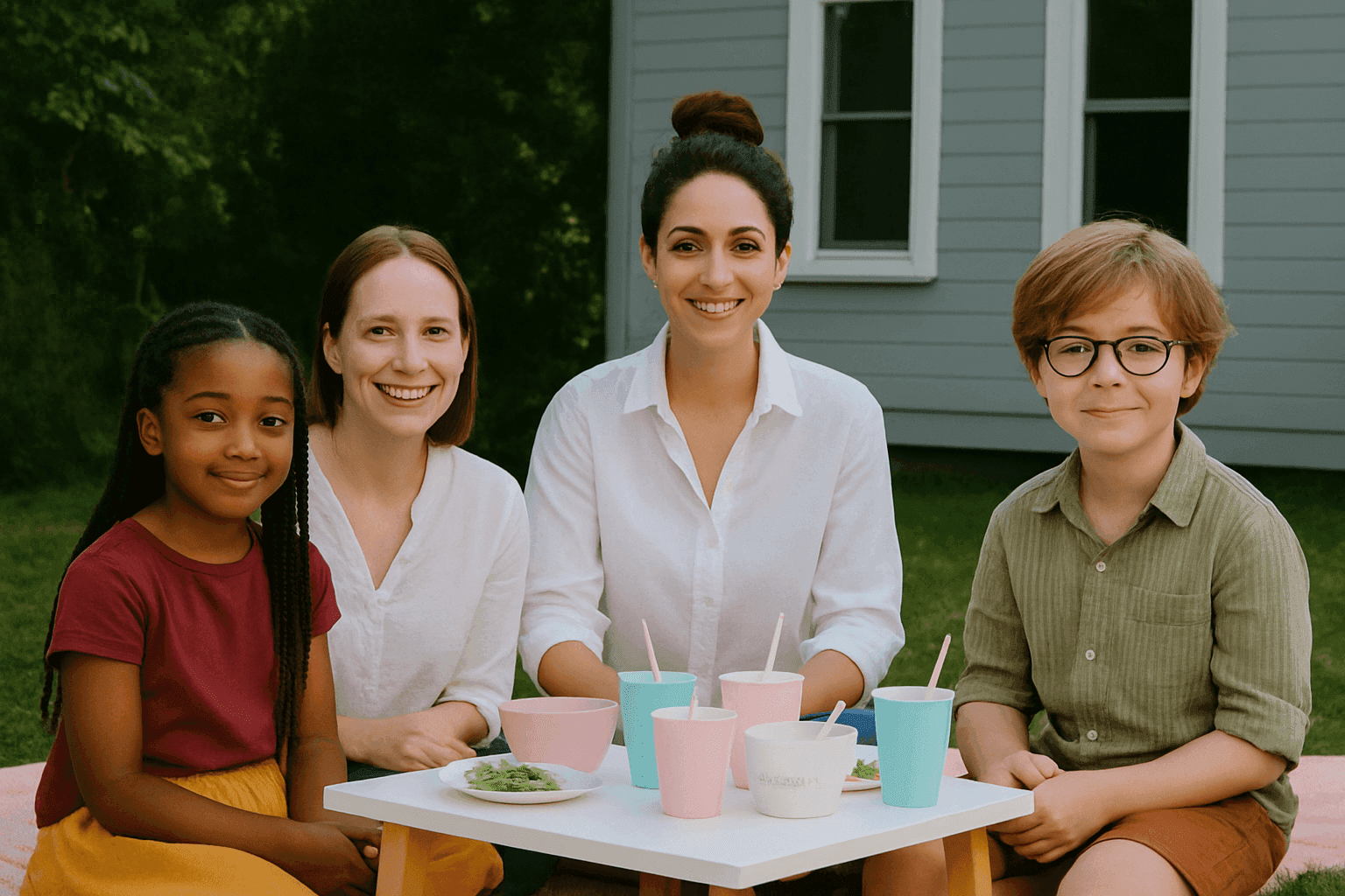 A diverse group of adults and children enjoying a lively outdoor picnic, sharing food and drinks at a low table, with festive decorations hanging in the background, capturing a joyful and inclusive family gathering.