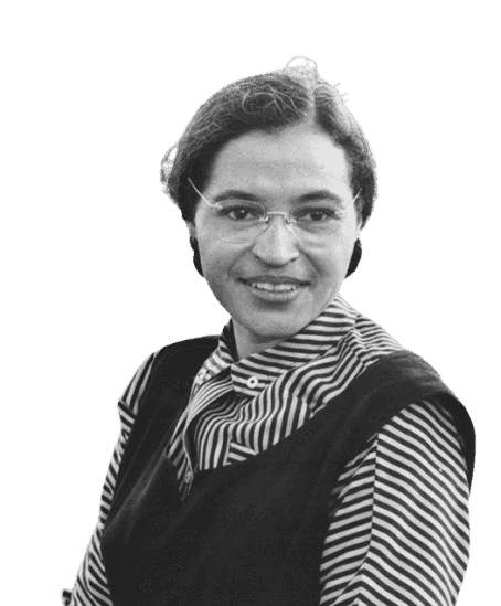 A historical black-and-white photo featuring a woman wearing glasses and a striped blouse, standing outdoors with a calm smile. Another person, blurred in the background, appears to be engaged in conversation. The setting is casual, with cars and trees visible behind them, emphasizing a moment from a significant time in history.