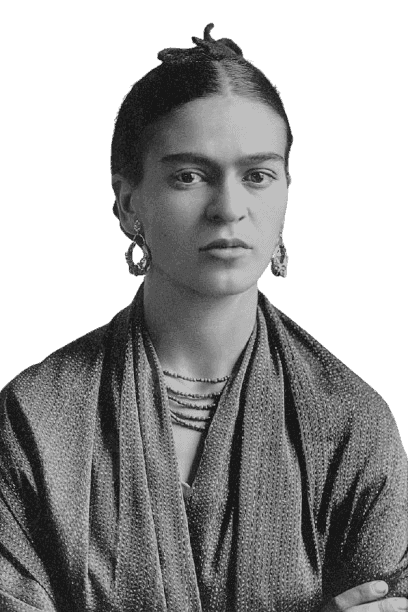 Black-and-white portrait of a young woman with bold features, wearing a textured shawl and ornate earrings, her hair pulled back with a ribbon. She gazes directly at the camera with a serious, contemplative expression, embodying a timeless and iconic style.