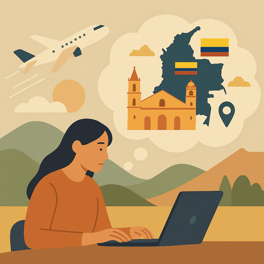 A woman works on a laptop, imagining Colombia—depicted with a map, church, and flags—while a plane flies overhead against a warm countryside background.