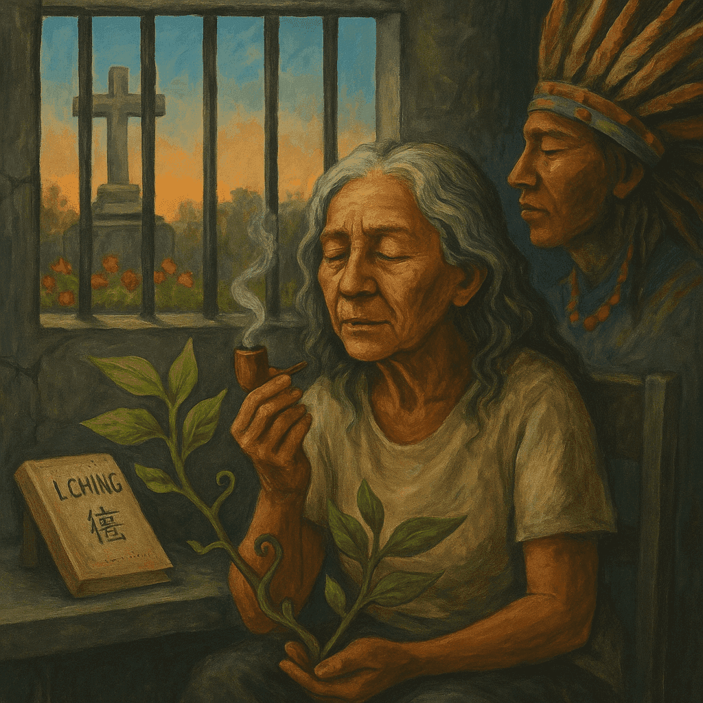 An elderly woman sits in a prison cell holding a plant and a smoking pipe, with a shaman’s spirit behind her, the book "I Ching" on the table, and a cross visible through the window.