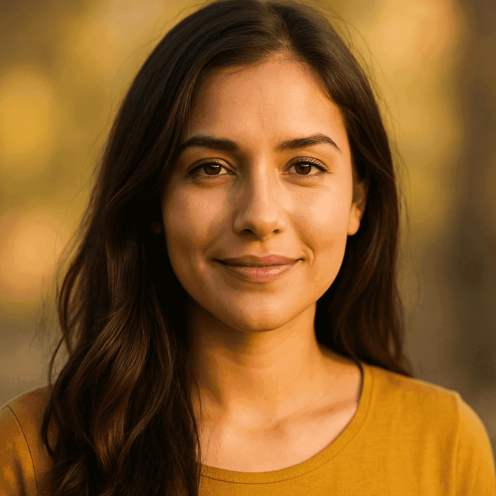 A young Mexican woman with long brown hair and warm features smiles softly in natural sunlight, symbolizing grace, resilience, and authorship.