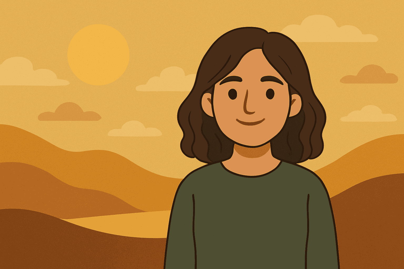 Illustration of a young Palestinian woman smiling in a warm yellow landscape, symbolizing resilience and growth on her data science journey
