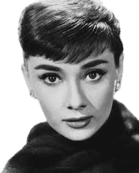 Black-and-white portrait of Audrey Hepburn showcasing her iconic pixie haircut, elegant facial features, and timeless beauty, wearing pearl earrings and a high-necked outfit, embodying classic Hollywood glamour.