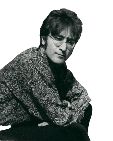 A black-and-white photograph of John Lennon, the well-known musician and member of The Beatles, seated in a relaxed pose. He is wearing round glasses and a patterned paisley shirt, reflecting the iconic 1960s fashion associated with his persona. Lennon's thoughtful expression and casual demeanor highlight his artistic influence, both as a songwriter and advocate for peace. This image captures his timeless presence in popular culture, symbolizing his contributions to music and his enduring legacy as a countercultural figure.