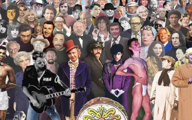 A vibrant collage of iconic celebrities and cultural figures from various eras, including musicians, actors, and notable personalities, showcasing a rich tapestry of pop culture history.