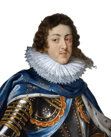 A regal portrait of King Louis XIII of France, showcasing his aristocratic attire and poised demeanor. Dressed in ornate armor adorned with gold accents, a blue cloak draped over his shoulder, and a white lace ruff collar, Louis XIII embodies royal elegance and authority. His soft curls and composed expression reflect the courtly style of the early 17th century. Known for his central role in the consolidation of royal power and the establishment of French absolutism, this painting highlights his significance in French history.