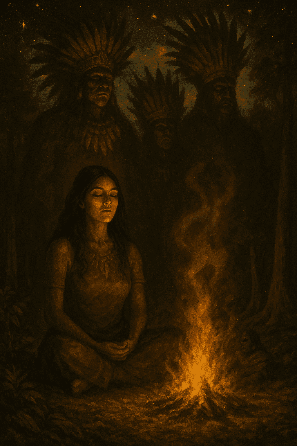 A woman meditates by fire in a forest at night, as towering ancestral spirits in feathered headdresses emerge behind her in a vision during an Ayahuasca ceremony.