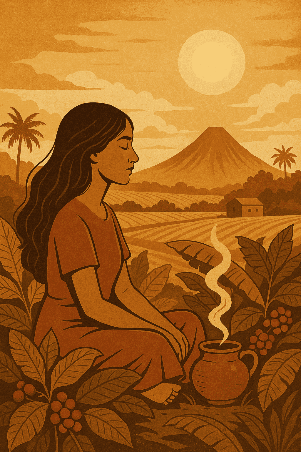 Illustration of a Mexican woman meditating in nature near a volcano at golden hour, surrounded by tropical plants and a steaming ceremonial pot.