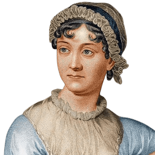 A detailed illustration of Jane Austen, the celebrated 19th-century English novelist, wearing a bonnet and modest period clothing. Her calm expression and poised demeanor reflect her role as one of the most influential writers in English literature. Known for her sharp wit and keen observations of society, Austen authored classics like "Pride and Prejudice" and "Sense and Sensibility." This portrait captures her timeless legacy as a literary icon, whose works explore themes of love, class, and morality with enduring relevance.