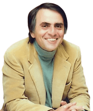 Astronomer and astrophysicist Carl Sagan is shown smiling warmly, wearing a beige blazer over a light green turtleneck sweater. Known for his work in popularizing science and his contributions to planetary research, Sagan’s friendly expression reflects his approachable demeanor and passion for science communication.