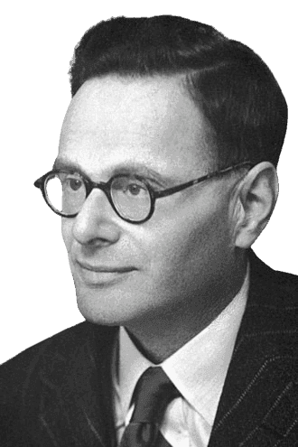 Physicist and Nobel laureate Eugene Wigner is shown in this black-and-white portrait, wearing glasses, a striped suit, and a tie, with a composed expression. Known for his work in quantum mechanics and nuclear physics, Wigner made significant contributions to the understanding of atomic structure and symmetry principles in physics.