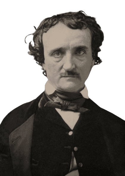 A vintage portrait of a man with a solemn expression, wearing a dark suit with a high-collared shirt and a cravat. His wavy, slightly disheveled hair frames his face, and his deep-set eyes convey a sense of melancholy or introspection. The soft lighting and neutral background emphasize his facial features, creating an aura of mystery and seriousness in this classic image.