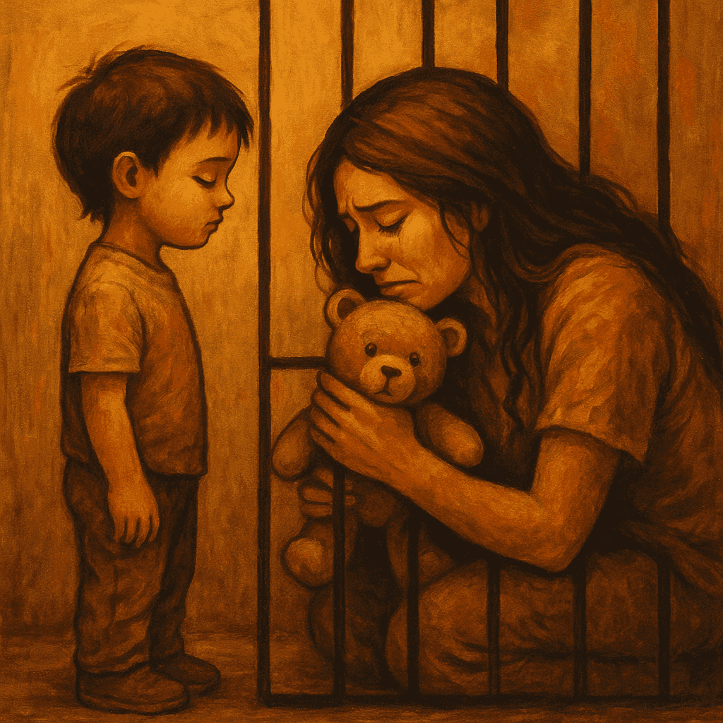 Painting of a crying woman in prison holding a teddy bear behind bars, facing a solemn child—evoking themes of incarceration, motherhood, and lost innocence.