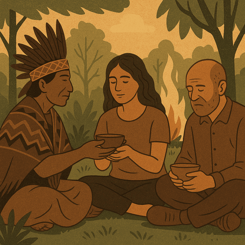 A flat-style digital illustration depicting three individuals in a peaceful forest setting. An Indigenous shaman hands a bowl to a seated woman, with an elderly man beside her, all surrounded by trees and a glowing campfire