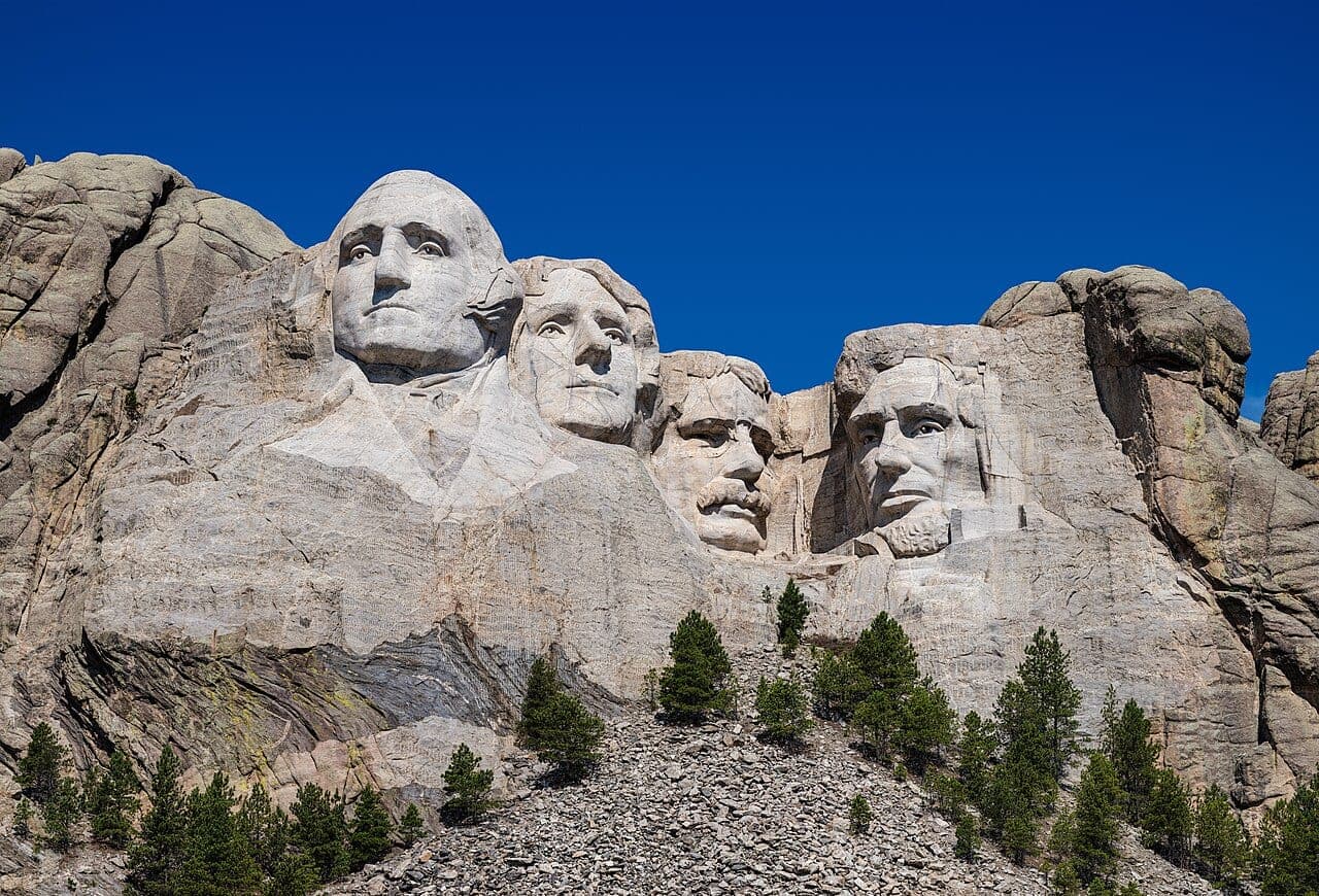 The Mount Rushmore sculpture of four US presidents, South Dakota