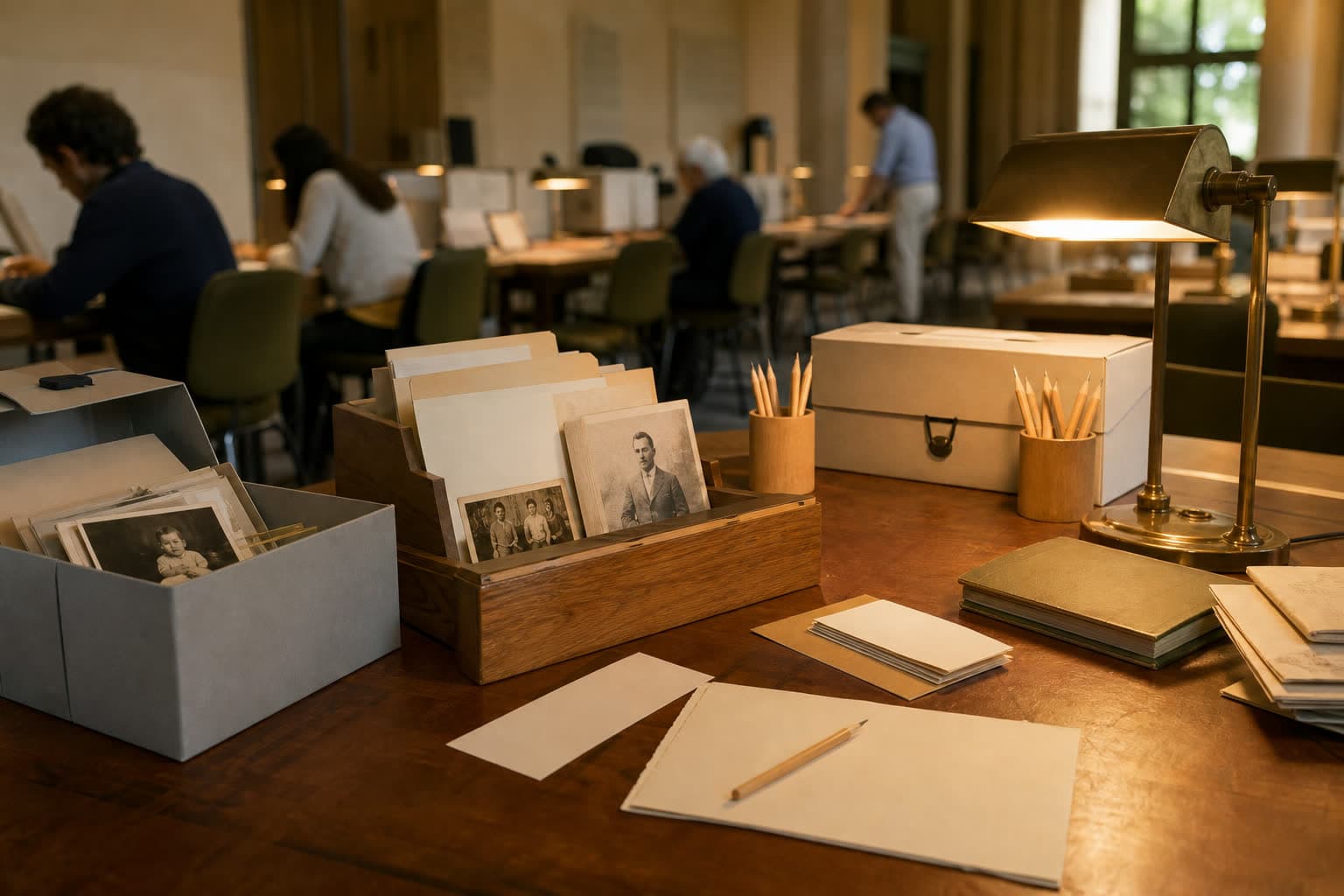 A warm reading room desk with archive boxes, family photographs, lamps, and researchers.