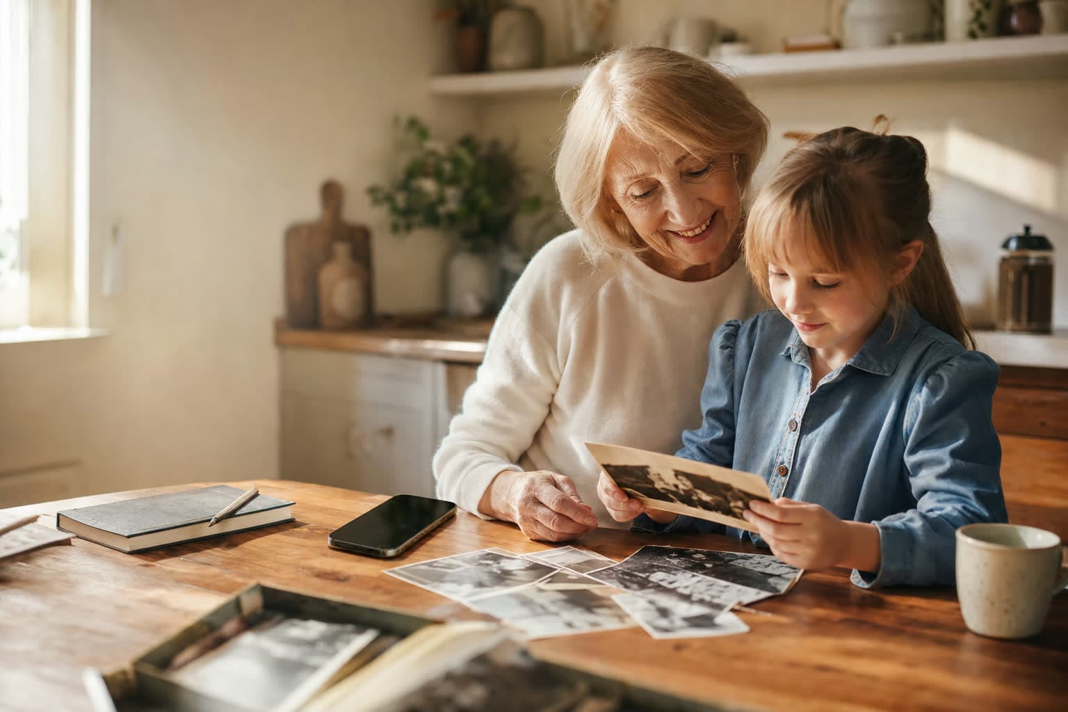 A grandmother and child looking through family photographs at a bright kitchen table.