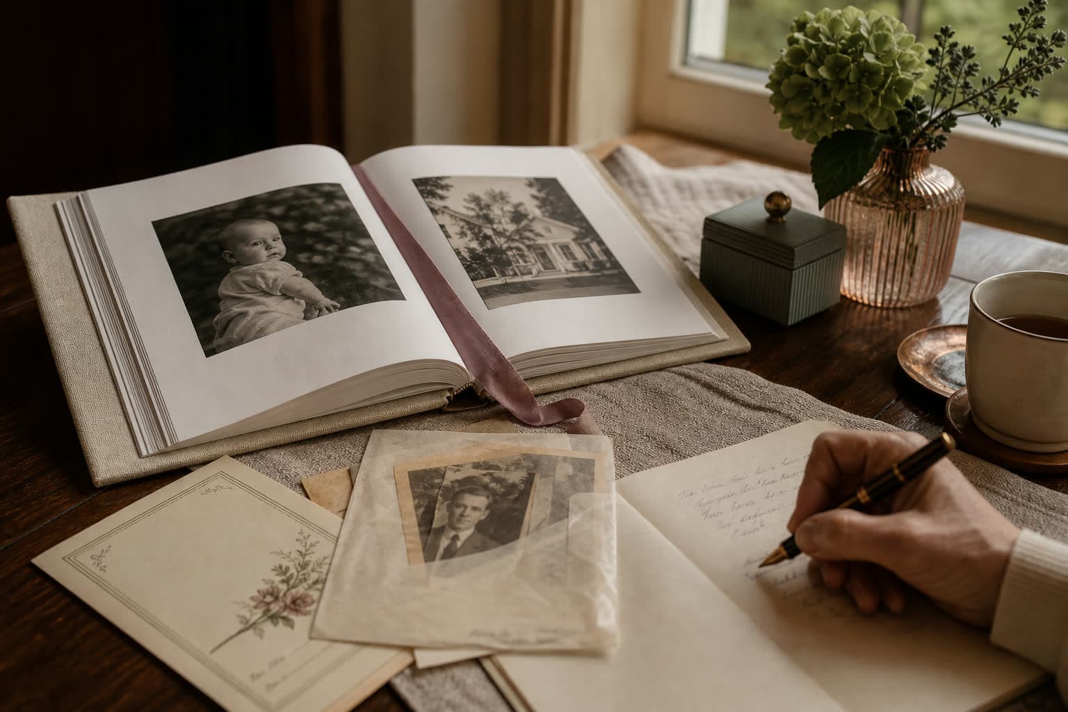 An open printed family Yearbook beside handwriting, photographs, and a cup of tea.